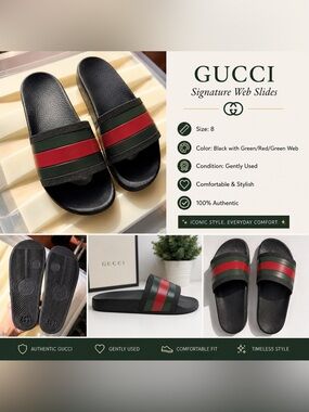 Gucci Black Slide Sandals with Green and Red Stripes